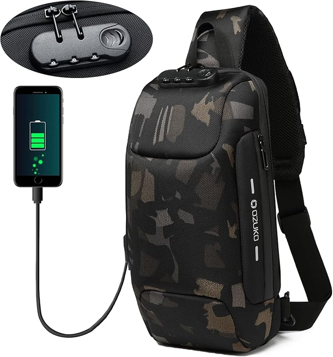 Anti Theft Premium Sling Bag Waterproof with USB Charger for Travel, Hiking and Daily Use