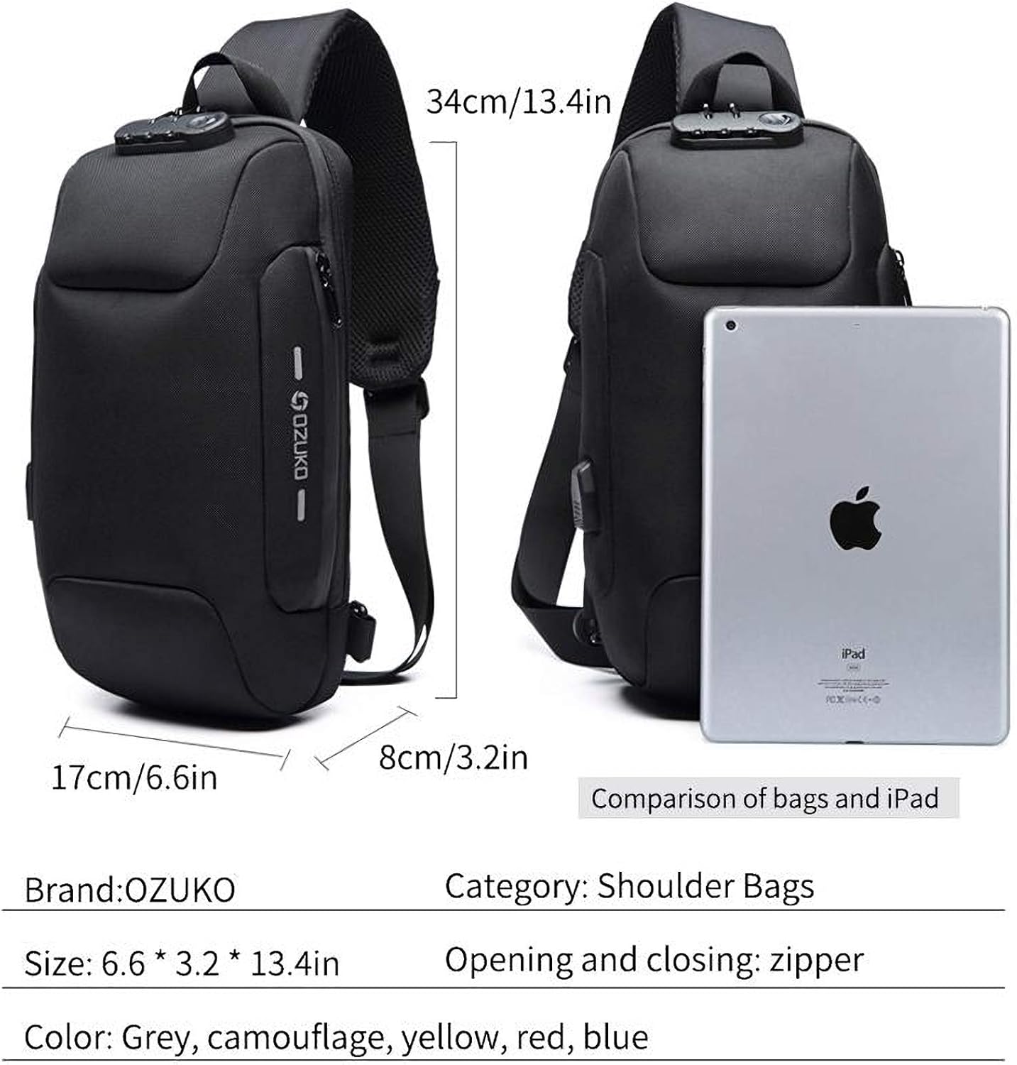 Anti Theft Premium Sling Bag Waterproof with USB Charger for Travel, Hiking and Daily Use