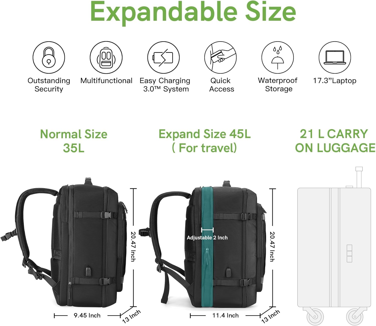 Carry on Backpack,40L Expandable Travel Backpacks Weekender Overnight Luggage Bag Extra Large Backpack Fit up to 17.3" Laptop (Black(Flight Approved), 45L Expandable with 3 CUBES)