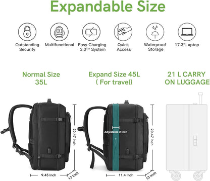 Carry on Backpack,40L Expandable Travel Backpacks Weekender Overnight Luggage Bag Extra Large Backpack Fit up to 17.3" Laptop (Black(Flight Approved), 45L Expandable with 3 CUBES)