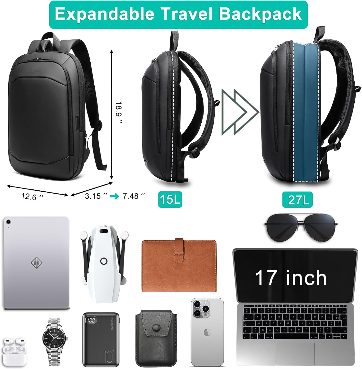 Business Backpack for Men 17 Inch,Slim & Expandable Waterproof Travel Laptop Backpack with USB Charger Port,Anti-Theft Lightweight Large Work Computer Bag,College Laptop Backpacks Gifts for Men Women