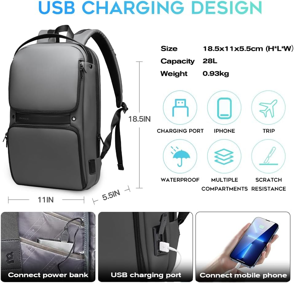 Anti Theft Backpack Water Resistant 15.6 Inch Laptop Commute and Camping Built In USB Carry on Bag for Men and Women (Grey)